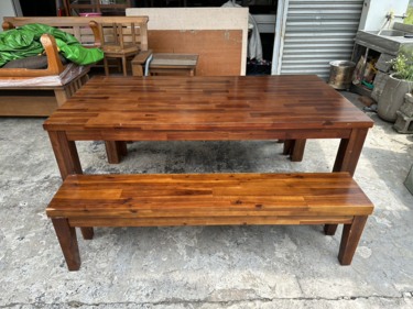 香榭二手家具*全實木拼接5.8尺大餐桌含長凳兩張-餐桌椅組-休閒桌椅-...
